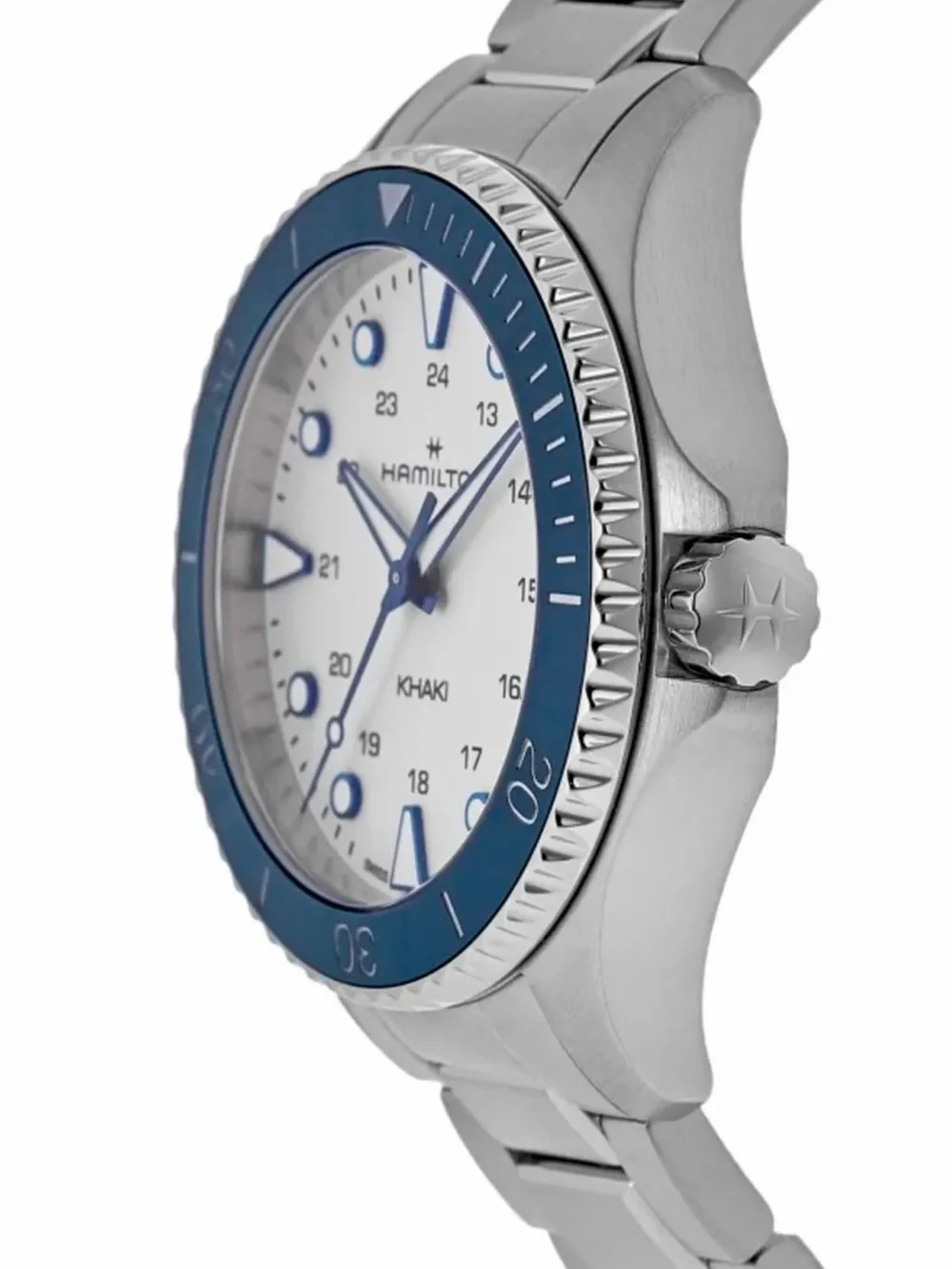 Hamilton Men’s Stainless Steel Watch with White Dial and Blue Bezel